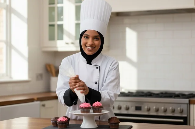 Arab Female Chef Decorating Cupcakes in Kitchen