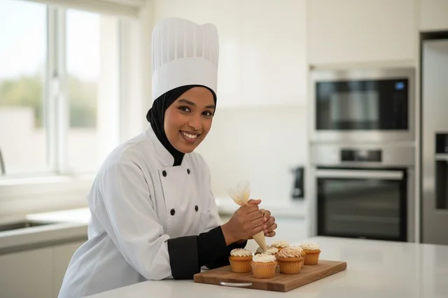 Muslim Female Chef Decorating Cupcakes in Modern Kitchen