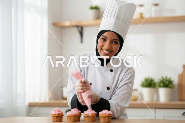 شيف حلويات سعودية تزين الكب كيك في المطبخ
