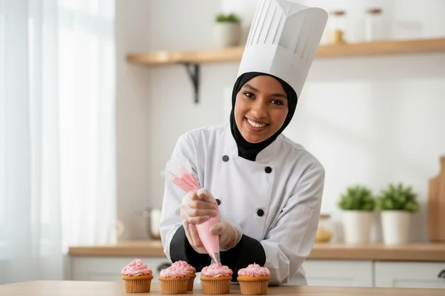 شيف حلويات سعودية تزين الكب كيك في المطبخ