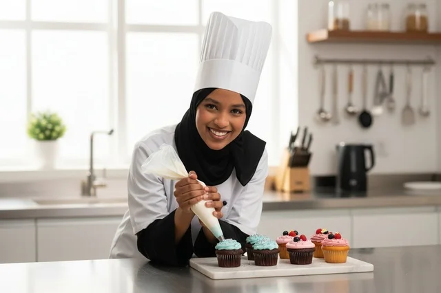Saudi Female Chef Decorating Cupcakes in Kitchen