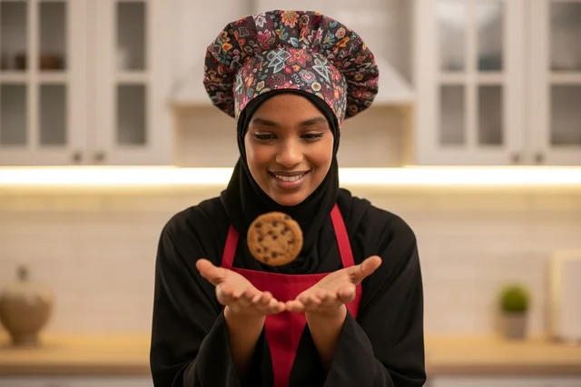 Saudi Female Chef Baking Chocolate Chip Cookies in Kitchen