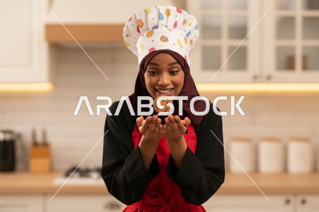 طاهية عربية مع بسكويت متطاير في المطبخ