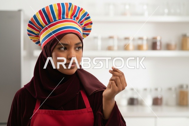 طاهية عربية مع بسكويت متطاير في المطبخ