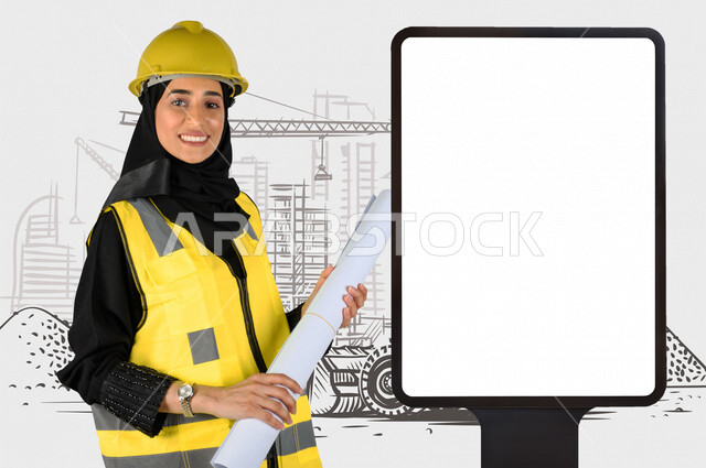 مهندسة عربية خليجية سعودية تحمل بيدها مخطط هندسي خاص بالبناء ، مشروع جديد ، تخطيط هندسي ، خلفية رسم يدوي لإنشاءات معمارية مع لوحة يونيبول إعلانية تجارية مضيئة بيضاء ، إعلانات دعائية و تسويقية ، موك أب لوحة إعلانية 