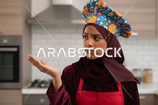 طاهية عربية مع بسكويت متطاير في المطبخ