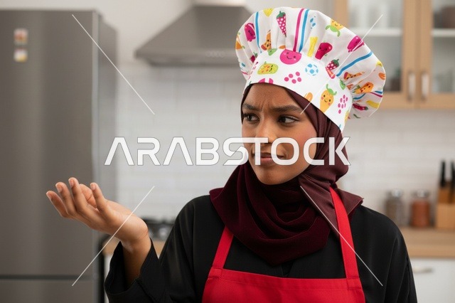 طاهية عربية مع بسكويت متطاير في المطبخ