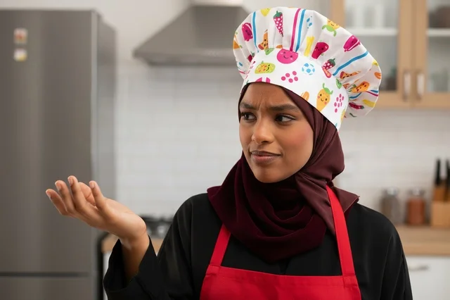 An Arab chef with flying cookies in the kitchen.