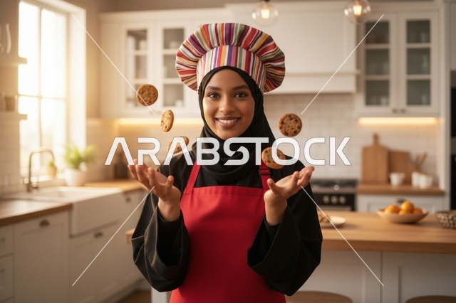 طاهية عربية مع بسكويت متطاير في المطبخ