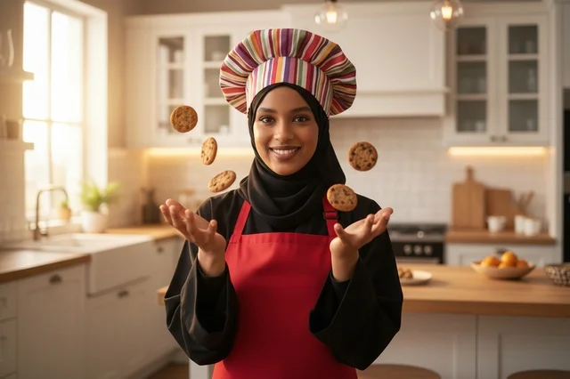 Arab Female Chef with Flying Cookies in Kitchen