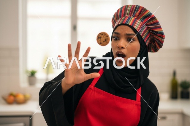 طاهية عربية مع بسكويت متطاير في المطبخ