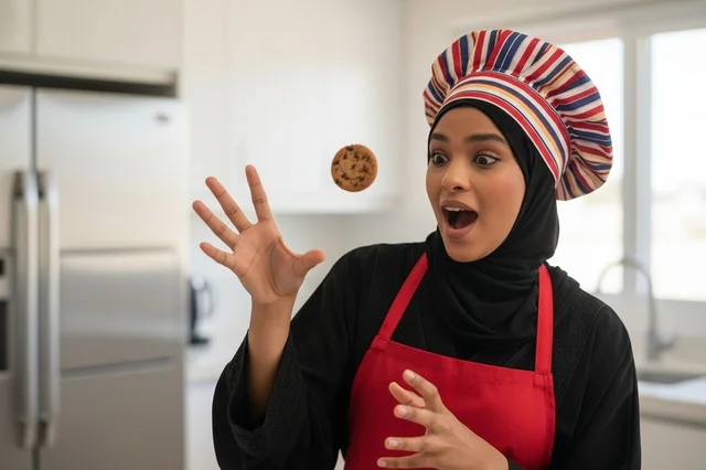 Saudi Female Chef in Hijab Surprised by Levitating Cookie