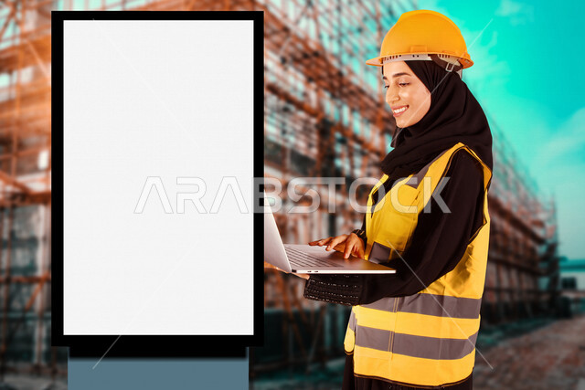 مهندسة عربية خليجية سعودية تحمل بيدها حاسوب محمول ، مشروع جديد ، تخطيط هندسي ،خلفية مبنى قيد الانشاء مع لوحة يونيبول إعلانية تجارية مضيئة بيضاء ، إعلانات دعائية و تسويقية ، موك أب لوحة إعلانية 