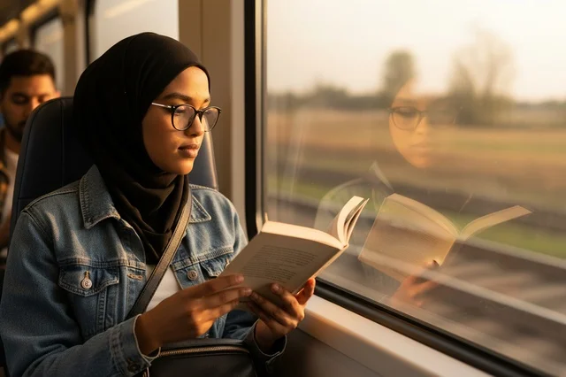 امرأة عربية بالحجاب تقرأ كتاباً في القطار وقت الغروب