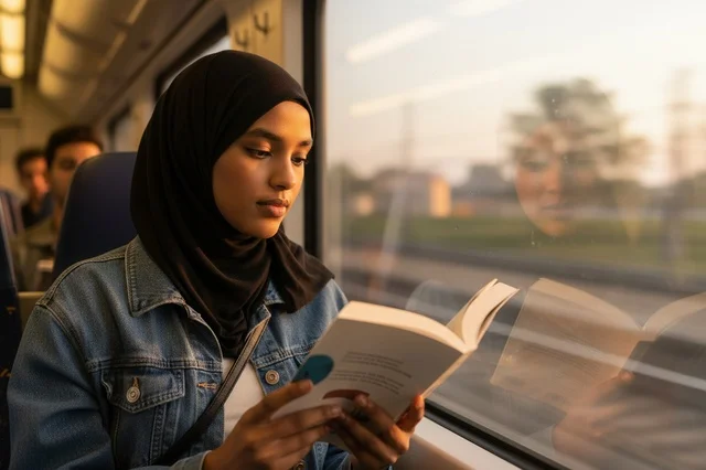 امرأة مسلمة محجبة تقرأ كتاباً داخل القطار