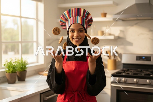 طاهية عربية مع بسكويت متطاير في المطبخ