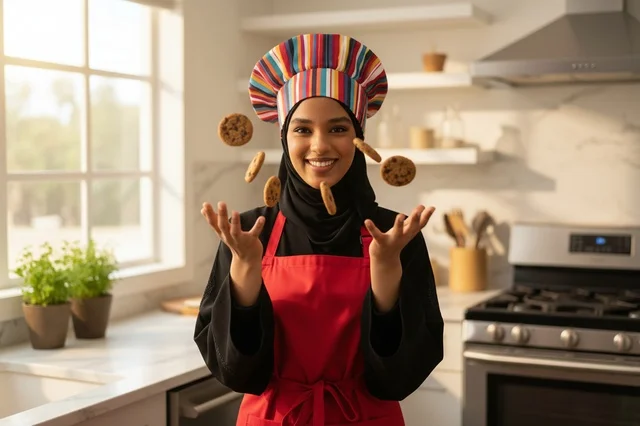 طاهية عربية مع بسكويت متطاير في المطبخ