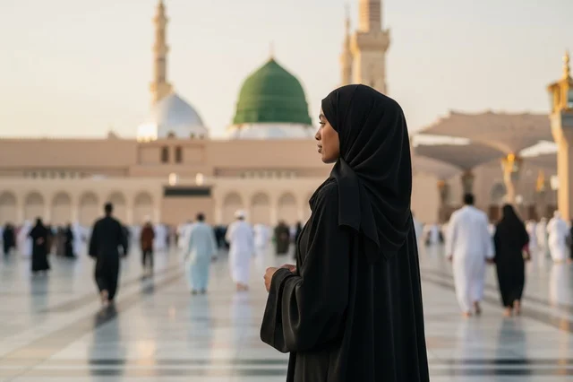 Muslim Woman at Al-Masjid an-Nabawi Medina Green Dome Muslim Woman at Al-Masjid an-Nabawi Medina Green Dome