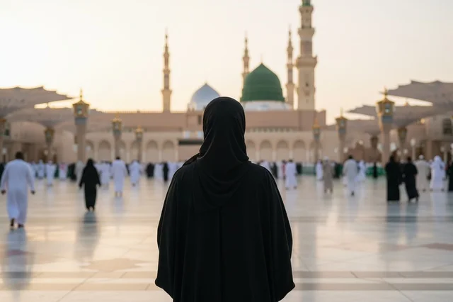 A Muslim woman in the courtyard of the Prophet's Mosque in Medina.