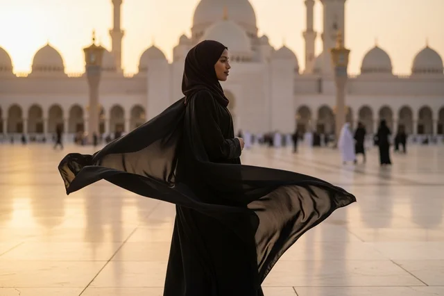 A Muslim woman in the courtyard of the Prophet's Mosque in Medina.