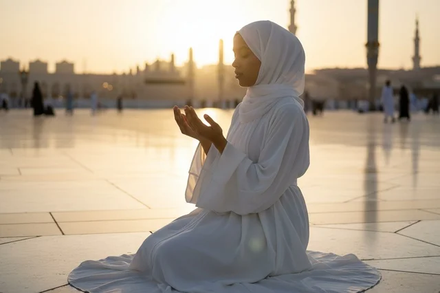 African Muslim Woman Praying at Medina Prophet's Mosque