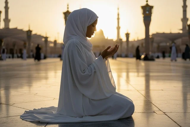 African Muslim Woman Praying in Mosque Courtyard at Sunset