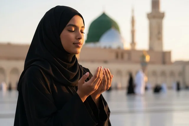 امرأة سعودية تدعو في المسجد النبوي بالمدينة المنورة