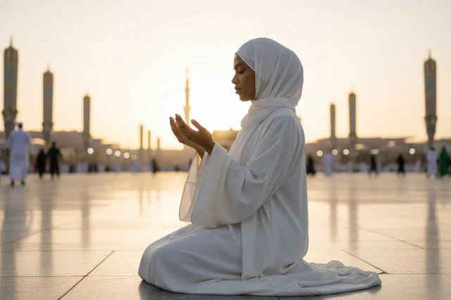 امرأة سعودية تدعو في المسجد النبوي بالمدينة المنورة