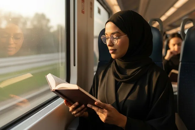 امرأة سعودية تقرأ كتاباً في القطار وقت الغروب