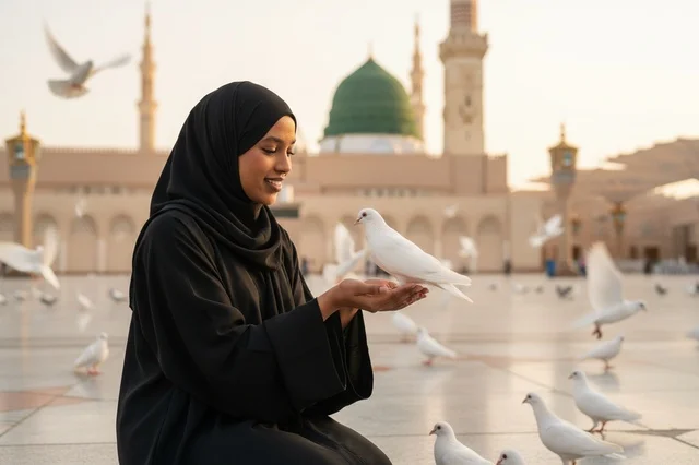 Saudi Woman with Pigeon at Al-Masjid an-Nabawi Medina