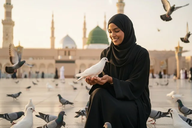 Saudi Woman with Dove at Al-Masjid an-Nabawi Medina