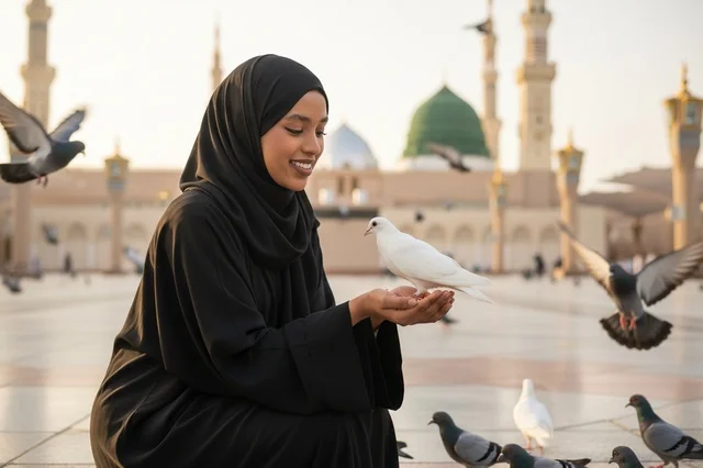 Saudi Woman with Pigeons at Prophet's Mosque Medina