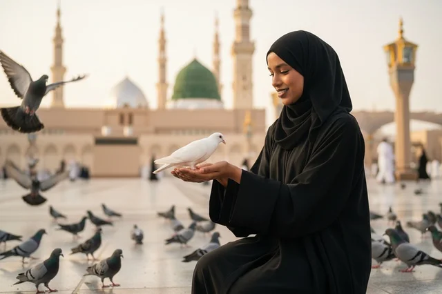 Saudi Woman with Pigeon at Al-Masjid an-Nabawi Medina