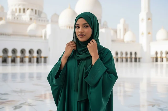 امرأة إماراتية بالعباءة الخضراء في جامع الشيخ زايد