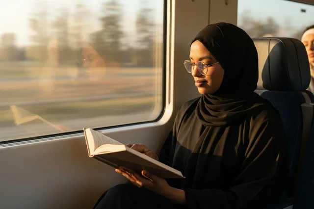 امرأة سمراء بالحجاب تقرأ كتاباً في القطار وقت الغروب