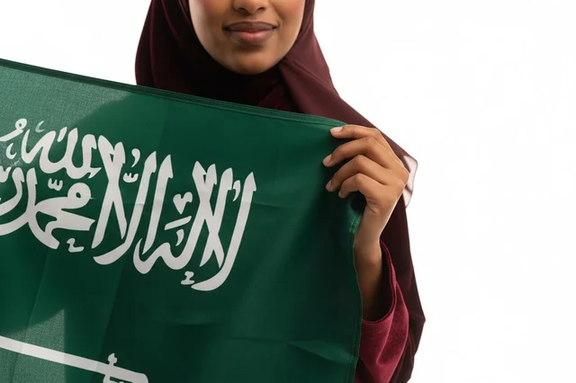 Saudi Woman Holding National Flag on White Background