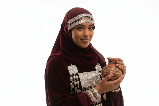 امرأة عمانية بالزي الظفاري التقليدي والحلي الفضية