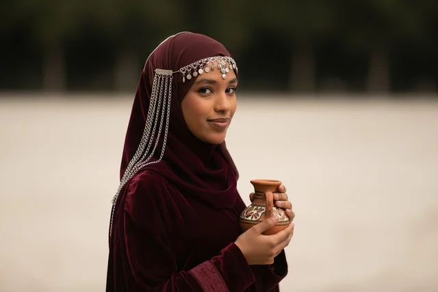 Saudi Woman in Traditional Velvet Thobe Holding Pottery