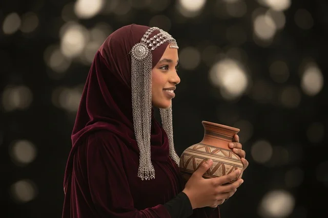 Saudi Woman in Traditional Dress Holding Pottery Jar