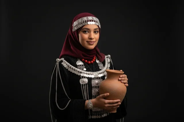 Omani Woman in Traditional Silver Jewelry holding Pottery