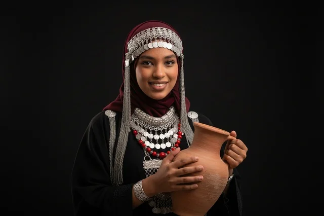 امرأة سعودية بالزي الحجازي التقليدي مع جرة فخار