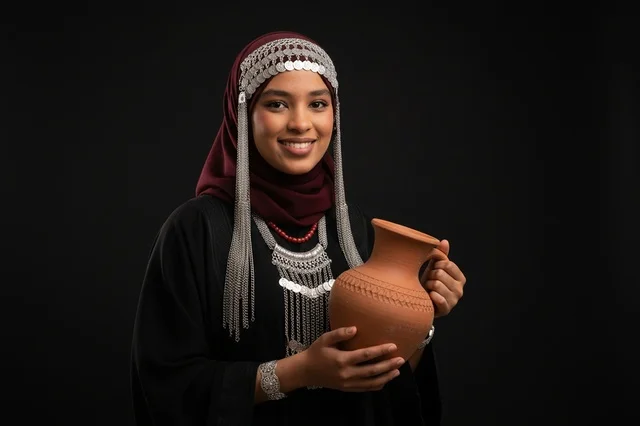امرأة سعودية بالزي الحجازي التقليدي تحمل جرة فخارية