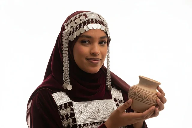 Saudi Woman in Traditional Heritage Dress with Clay Pot