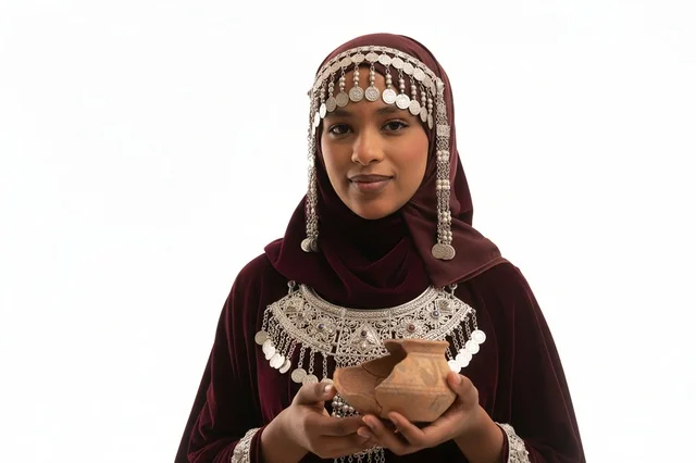 Saudi Woman in Traditional Najdi Dress with Clay Pot