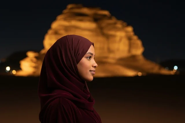امرأة سعودية عند صخرة الفيل في العلا ليلاً