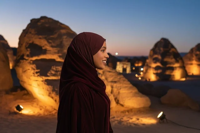 Saudi Woman at Illuminated Elephant Rock AlUla at Night