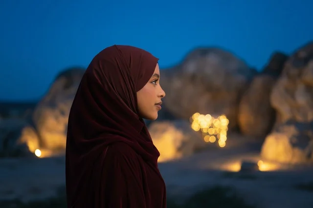 Saudi Woman in Hijab in Desert at Night