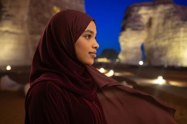 امرأة سعودية عند جبل الفيل في العلا ليلاً