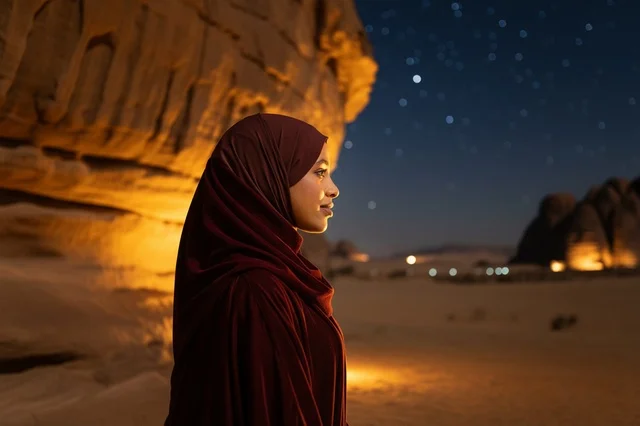 Saudi Woman in Hijab Under Starry Desert Night