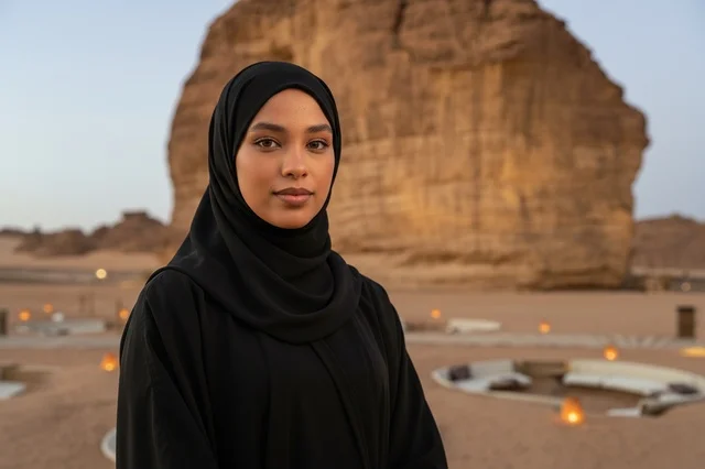 Saudi Woman in Abaya at AlUla Desert Rock